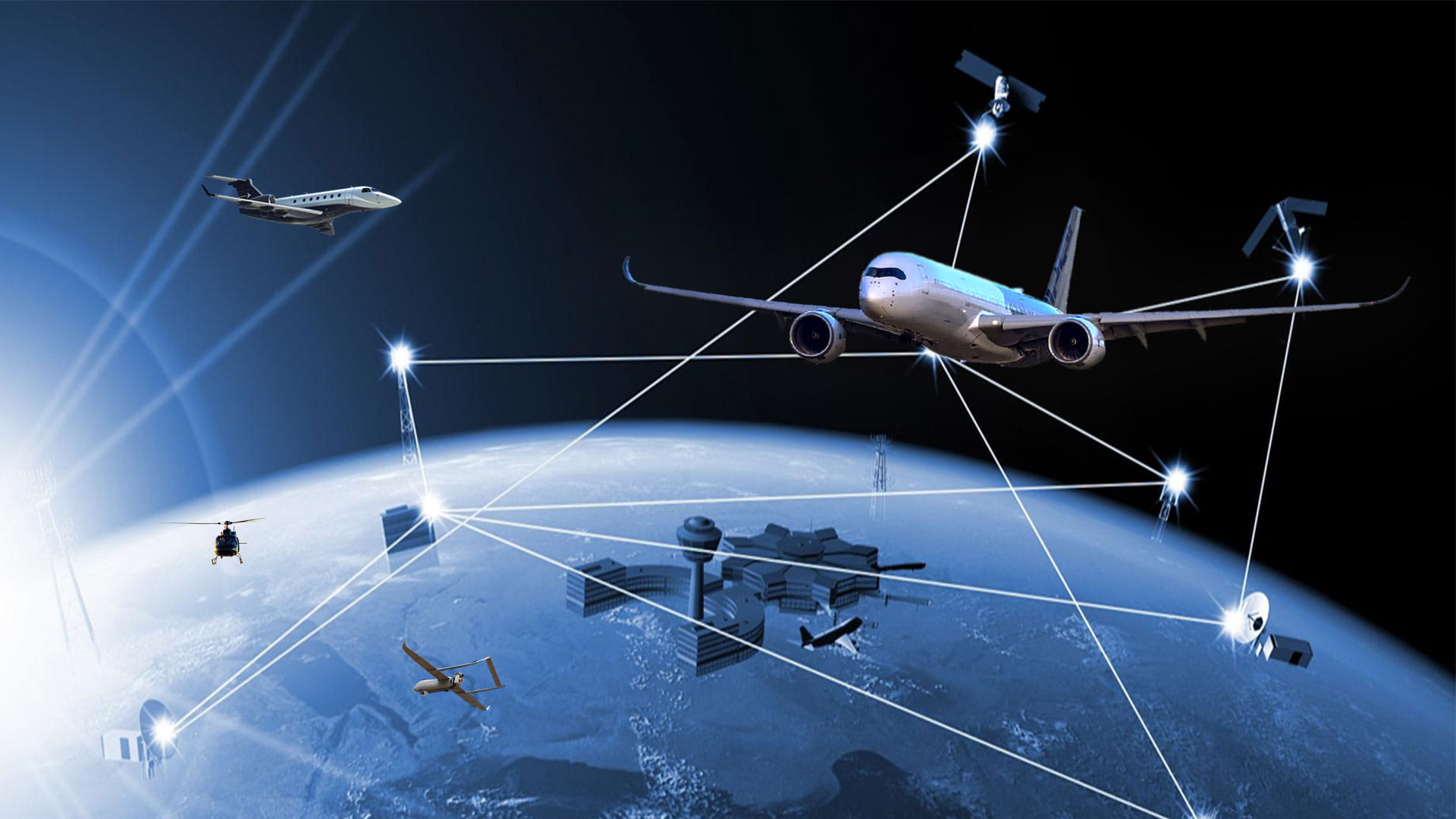 A satellite view of airplanes connected by a global network.