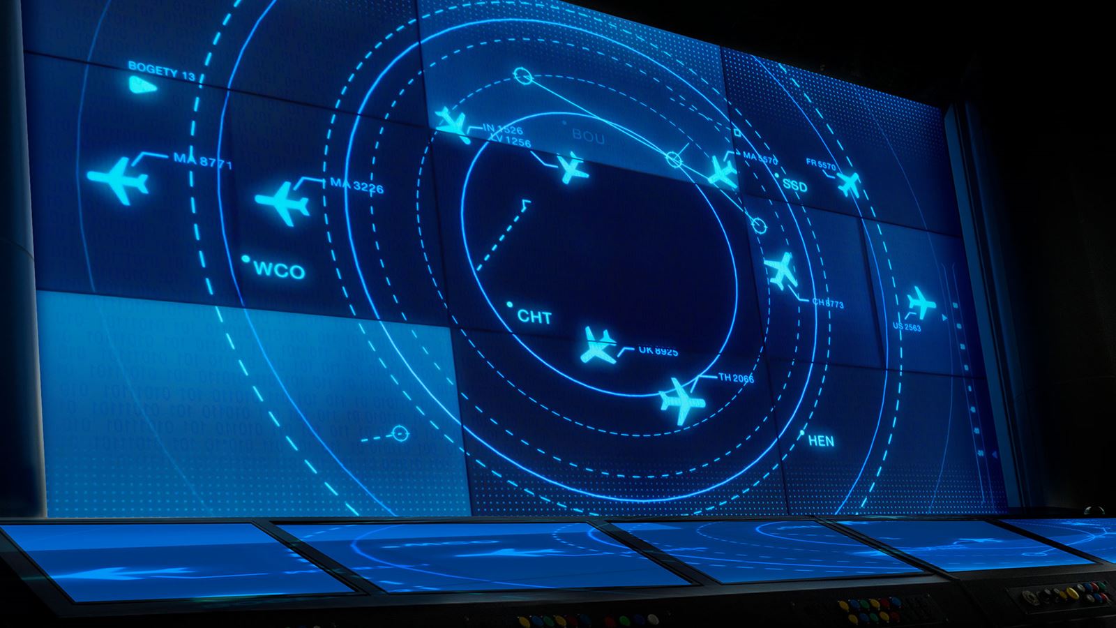 A digital radar screen showing flight paths and aviation data.